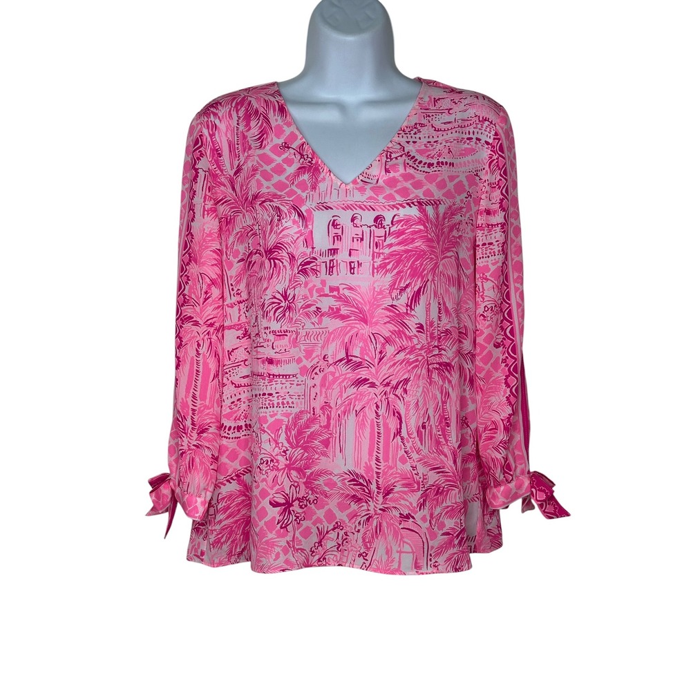 Lilly Pulitzer Blouse XS Pink Tropical Palm Tree Tie V-Neck Resort Top Pamela - Picture 2 of 9